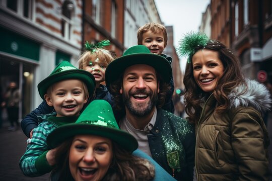 Diversi&oacute;n intergeneracional: Gorros verdes y sonrisas en la colorida celebraci&oacute;n callejera de San Patricio
