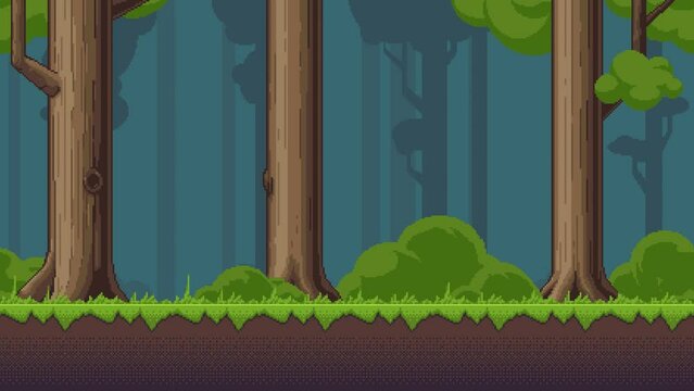 Pixel art loop animation of forest landscape. Animated 8bit seamless background with bushes and trees in dusky weather. Pixelated template for computer game or application.