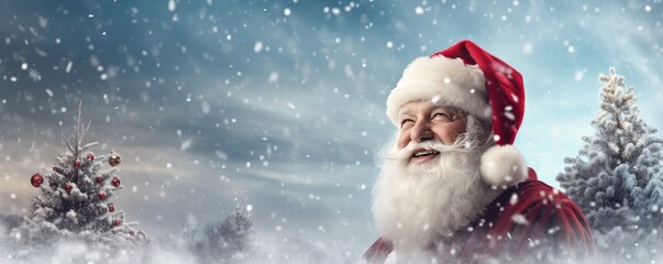 Santa Claus smilling portrait in winter landscape, snowy panorama. Generative Ai.