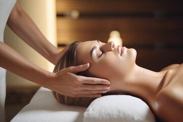 Young woman enjoying a head massage in a spa salon with zen ambient. Relax and wellness. - obrazy, fototapety, plakaty