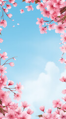 Spring background with blooming tree branches and green leaves on sky background with copy space