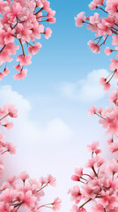 Fototapeta na wymiar Spring background with blooming tree branches and green leaves on sky background with copy space