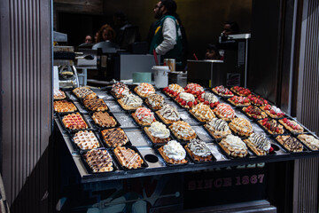 Waffles and Waffle, typical pastries of Brussels Belgium, sold in many shops in capitol of Europe