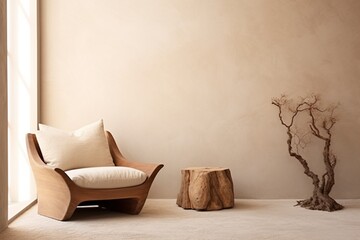 An inviting nook with a fabric lounge chair and wood stump side table against a beige stucco wall,...