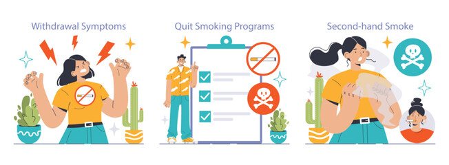 Smoking cessation set. Woman faces withdrawal symptoms, man explores quit smoking programs, dangers of second-hand smoke revealed. Healthier choices, awareness raised. vector illustration - obrazy, fototapety, plakaty