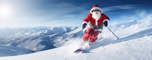 Naklejka na ściany i meble Santa Claus is skiing for fast delivery christmas presents, panorama. Generative Ai.