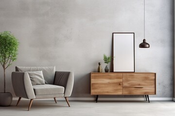Imagine a contemporary living room featuring a wooden cabinet and dresser against a textured concrete wall. A vacant mock-up poster frame on the wall invites you to showcase your creativity. - obrazy, fototapety, plakaty