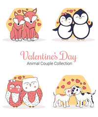 Valentine's Day Animal Couple Collection Of Penguin Dog Owl And Fox