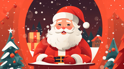 Illustration de Noël. Paysage enneigé, cadeaux et Père Noël. Ambiance hivernale, familiale et festive. Dessin pour conception et création graphique.