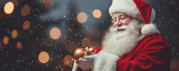 Santa Claus is gifting little kids near christmas tree, panorama. Generative Ai.