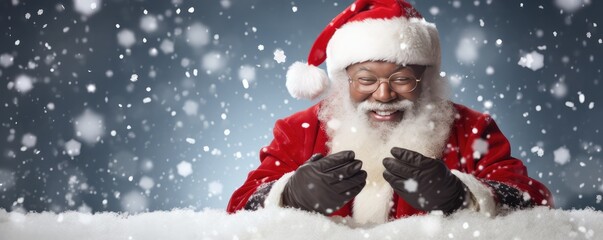 Afro Santa Claus is holding adertisement banner with copy space, christmas panorama. Generative Ai.
