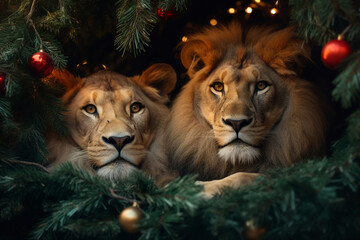 Charming couple of wild cats lion lioness together festive atmosphere Generative AI picture - obrazy, fototapety, plakaty
