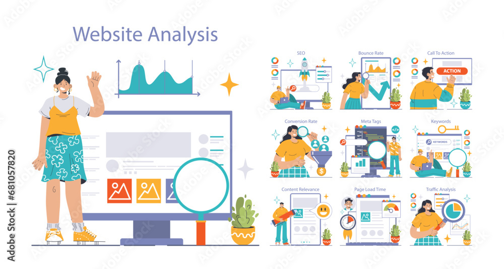 Poster website analysis set. conversion rate and traffic analysis. experts analyzing website performance. u