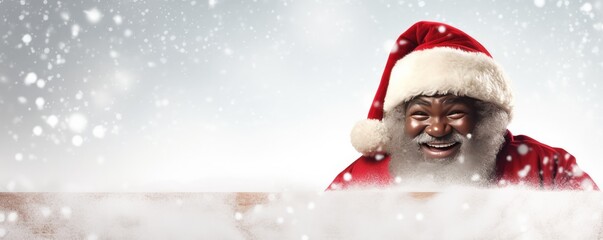 Afro Santa Claus is holding adertisement banner with copy space, christmas panorama. Generative Ai.