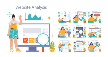 Fototapeta premium Website analysis set. Conversion rate and traffic analysis. Experts analyzing website performance. User engagement strategy. SEO optimization. Flat vector illustration