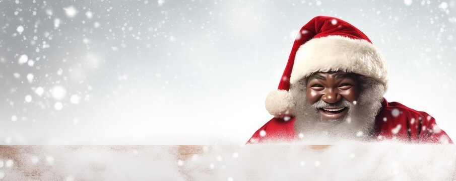 Afro Santa Claus is holding adertisement banner with copy space, christmas panorama. Generative Ai.
