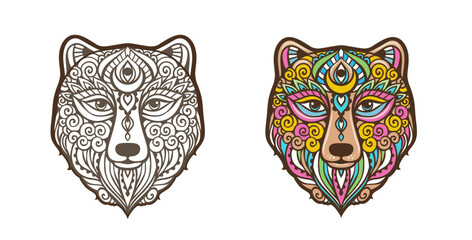 Bear mandala. Animal Vector illustration. Adult or kids coloring book page in Zen boho style. Antistress Peaceful drawing. Black and white