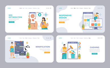 Website optimization set. SEO, responsive design, code minification, and caching. Empowering webmasters to boost site speed and performance. Flat vector illustration. © inspiring.team