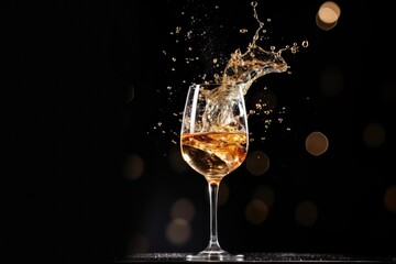 whiskey splashing out of a glass on a black background.