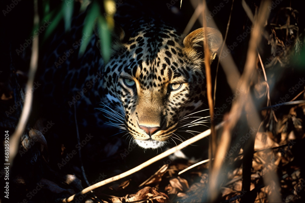 Poster a leopard crouches in the shadows, stalking its prey. the leopard's fur is a perfect camouflage, and