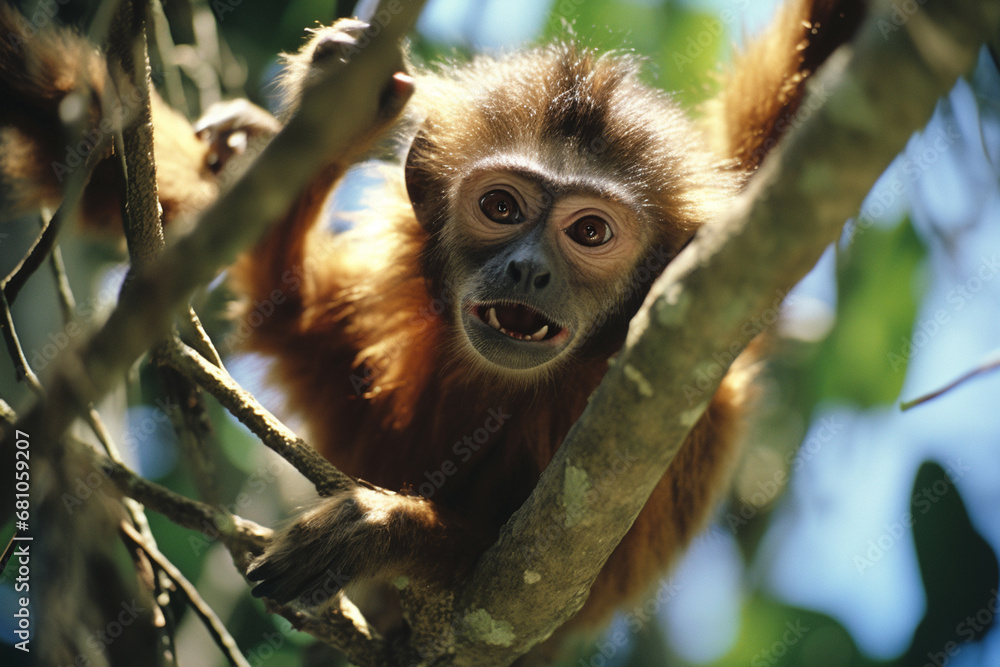 Poster A spider monkey swings through the trees of the Amazon rainforest. The monkey's fur is a deep brown, and it blends in with the trees.