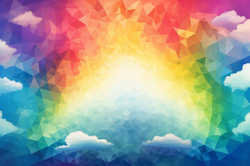 A rainbow arcing across a geometric sky, representing the promise of happiness and fulfillment.