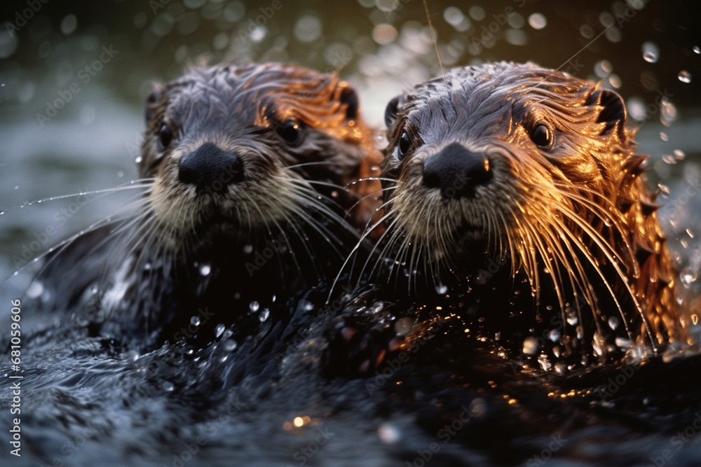 Aufkleber a pair of playful otters frolicking in a clear stream, the water droplets and sleek fur captured in 
