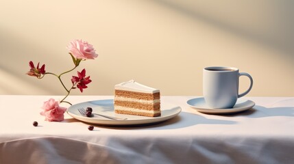  a piece of cake sitting on a plate next to a cup and saucer on a white table cloth with a pink flower and a white plate with a piece of cake on it.