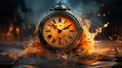 Alarm clock is exploding and burning abstract Time To Act, Deadline or Time Is Running Out concept - obrazy, fototapety, plakaty