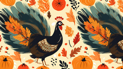 autumn turkey pumpkins leaves seamless pattern background - obrazy, fototapety, plakaty