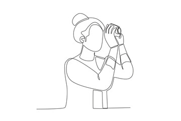Continuous one line drawing active happy a woman who is capturing moments with a camera while traveling. Trip and holiday concept. Single line draw design vector illustration
