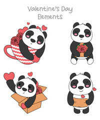 Valentine's Day Elements Of Kawaii Panda Vectors