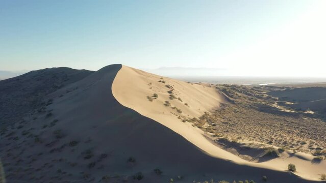 Beautiful sand dune, singing dune in Altyn Emel natural park in autumn, view from above