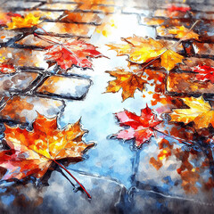 water painting of depict a scene where rain has created puddles on the ground, reflecting the vibrant colors of autumn leaves. Experiment with reflections, showcasing the leaves.