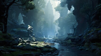 Fantasy and Magical Forest. Video Game's Digital CG Artwork, Concept Illustration, Realistic Cartoon Style Background