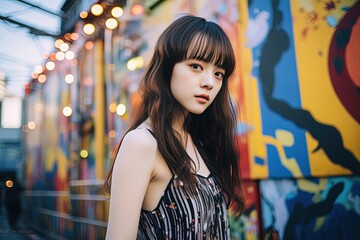 close up portrait of young pretty Asian woman walking in city street, Generative Ai