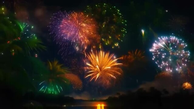 Colorful giant fireworks explosion against the sky. A short video of colorful fireworks.