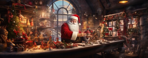 Santa Claus is in factory making christmas presents for kids, panorama banner. Generative Ai.
