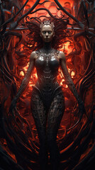 Fototapeta na wymiar Queen mother of alien hive. An alien woman with glowing eyes, intricate details, spikes and tentacles form a crown on the creature's head.
