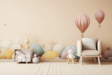 Children's room with sofa on wall  pastel cream color background.