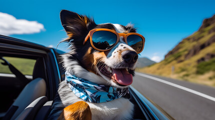 Joyful Dog with Sunglasses and Bandana Enjoying a Car Ride