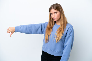 Young blonde woman isolated on white background showing thumb down with negative expression