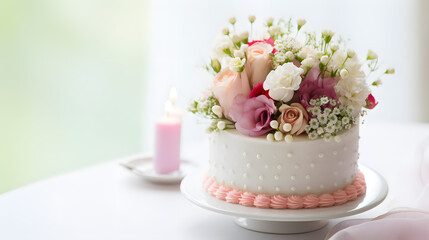 Elegant Wedding Cake with Floral Topper and Soft Candlelight Background