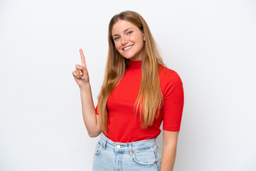 Young caucasian woman isolated on white background showing and lifting a finger in sign of the best