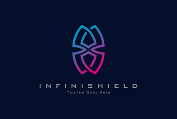 Shield Logo design, shield with infinity icon combination, usable for security, technology and company logos, vector illustration - obrazy, fototapety, plakaty