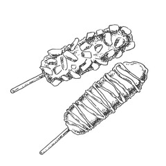 Hand drawn vector corndog illustration. Korean traditional street food. Fried fast food image