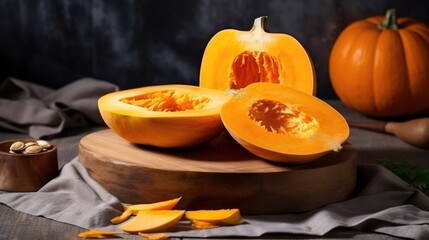 Pumpkin slices on a wooden cutting board on a dark background.