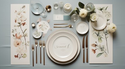  a table set for a formal dinner with place settings, flowers, and napkins on a blue table cloth with a silver fork, knife, spoon, knife, and napkin.