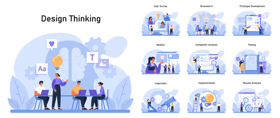 Design Thinking set. Stages of innovative solution finding from user surveys to results analysis. Collaborative brainstorming, ideation, and testing processes. Flat vector illustration - obrazy, fototapety, plakaty