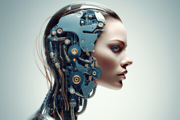 Cyborg woman with machine part of her face. Over gray background.